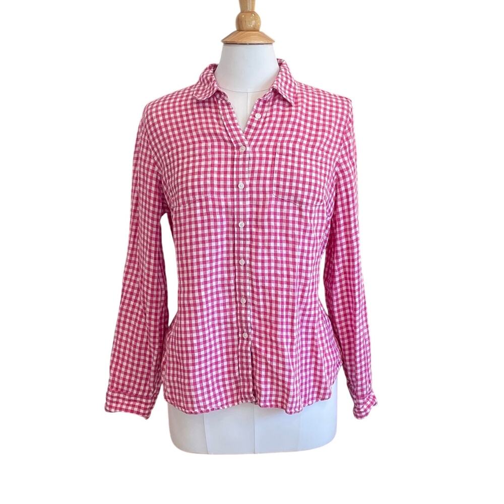Talbots Red/Pink Gingham Linen Button Down Roll Tab Long Sleeve Shirt, Size LP